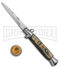 9.5" Anomaly Stiletto Caramel Swirl Automatic Knife - Bayo Satin Plain -Best Knife Shop 9.5in Anomaly Stiletto Caramel Swifl Bayo Satin WNS A155CR BP 20257 jr bottlecap large