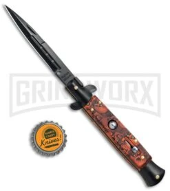 9" Anomaly Stiletto Red Skull Automatic Knife - Bayonet Black Plain -Best Knife Shop 9in Anomaly Stiletto Red Skull Bayo Black Plain A150ZR BP 23751 jr bottlecap large