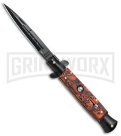 9" Anomaly Stiletto Red Skull Automatic Knife - Bayonet Black Plain