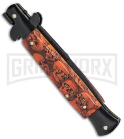 9" Anomaly Stiletto Red Skull Automatic Knife - Bayonet Black Plain -Best Knife Shop 9in Anomaly Stiletto Red Skull Bayo Black Plain A150ZR BP 23751 jr side large