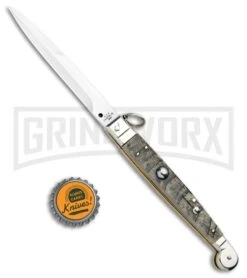 A.G.A. Campolin 9" Ram Horn Sicilian Ring Pull Automatic Knife - Bayonet -Best Knife Shop AGA Camplin 9in Sicilian Ring Pull Auto Ram Horn Satin Bayo BHQ 100997 jr bottlecap large