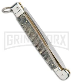 A.G.A. Campolin 9" Ram Horn Sicilian Ring Pull Automatic Knife - Bayonet -Best Knife Shop AGA Camplin 9in Sicilian Ring Pull Auto Ram Horn Satin Bayo BHQ 100997 jr side large