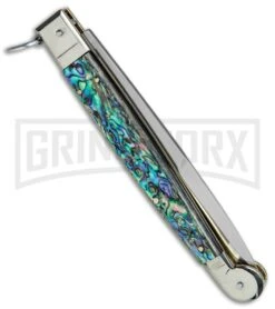A.G.A. Campolin 9" Abalone Sicilian Ring Pull Automatic Knife - Bayonet -Best Knife Shop AGA Campolin 12in Sicilian Lever Lock Ring Pull Abalone Bayonet BP 27798 jr side large
