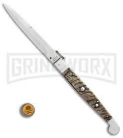 A.G.A. Campolin 16" Ram Horn Sicilian Ring Pull Automatic Knife - Bayonet -Best Knife Shop AGA Campolin 16in Sicilian Ring Pull Auto Ram Horn Satin Bayo BHQ 87416 er bottlecap large