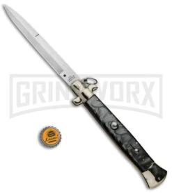 A.G.A. Campolin 18" Italian Stiletto Gray Ring Pull Automatic Knife - Bayo Satin -Best Knife Shop AGA Campolin 18in Italian Stiletto Silver Ring Pull Bayo BP 30462 jr bottlecap large