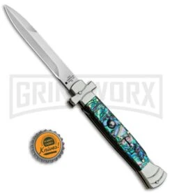 A.G.A. Campolin 9" Maltese Cross Abalone Stiletto Automatic Knife - Bayo Satin -Best Knife Shop AGA Campolin 9in Bayo Italian Stiletto Auto Abalone Satin BP 28947 jr bottlecap large