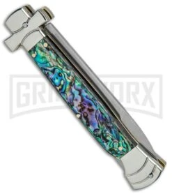 A.G.A. Campolin 9" Maltese Cross Abalone Stiletto Automatic Knife - Bayo Satin -Best Knife Shop AGA Campolin 9in Bayo Italian Stiletto Auto Abalone Satin BP 28947 jr side large