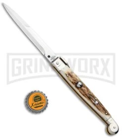 A.G.A. Campolin 9" Sicilian Stag Picklock Auto Sillito Knife - Bayonet -Best Knife Shop AGA Campolin 9in Sicilian Picklock Auto Stag Horn Satin Bayo BHQ 81940 jr bottlecap large