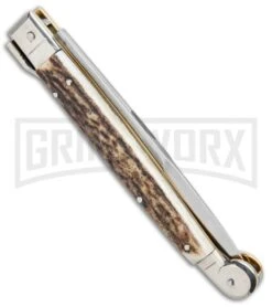A.G.A. Campolin 9" Sicilian Stag Picklock Auto Sillito Knife - Bayonet -Best Knife Shop AGA Campolin 9in Sicilian Picklock Auto Stag Horn Satin Bayo BHQ 81940 jr side large