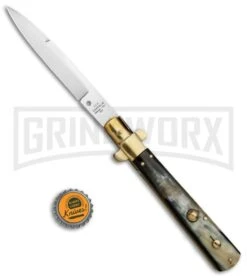 AGA Campolin 11" Frosolone Brazilian Horn/Brass Stiletto Automatic - Bayonet -Best Knife Shop AGA Frosolone Brazilian Brass 11in Bayo BP 29290 jr bottlecap large