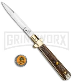 AGA Campolin 11" Frosolone Stag/Brass Stiletto Automatic Knife - Bayonet 11 AGA Campolin 11" Frosolone Stag/Brass Stiletto Automatic Knife - Bayonet -Best Knife Shop AGA Frosolone Stag Brass 11in Bayo BP 29297 jr bottlecap large