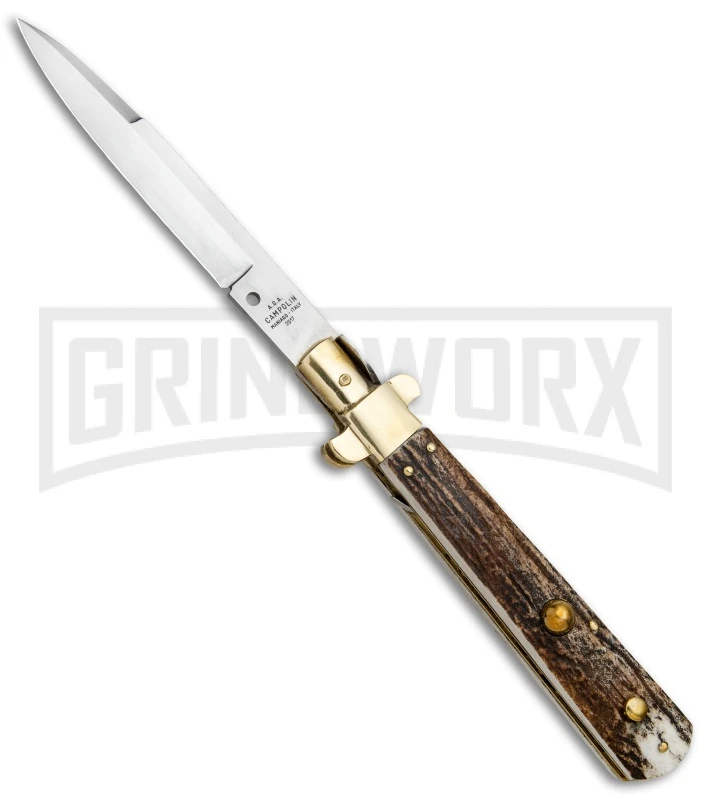 AGA Campolin 11" Frosolone Stag/Brass Stiletto Automatic Knife - Bayonet 3 AGA Campolin 11" Frosolone Stag/Brass Stiletto Automatic Knife - Bayonet