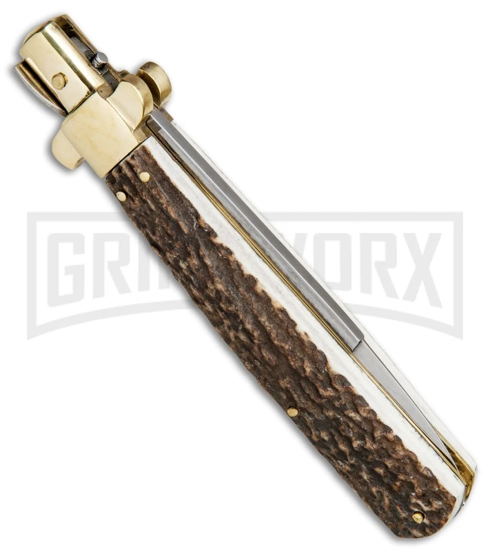 AGA Campolin 11" Frosolone Stag/Brass Stiletto Automatic Knife - Bayonet 5 AGA Campolin 11" Frosolone Stag/Brass Stiletto Automatic Knife - Bayonet - Image 3