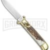 AKC 8" Shot Shell Puller Lever Lock Stag Automatic Knife - Flat Plain -Best Knife Shop AKC 8in Shot Puller Stag Horn LL Brass Satin Plain BP 25381 jr large