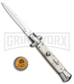9" Anomaly Stiletto White Pearlex Automatic Knife - Satin Bayonet -Best Knife Shop AKC 9in Stiletto White Pearlex Auto Bayo GX 37958 jr bottlecap large