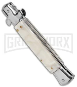 9" Anomaly Stiletto White Pearlex Automatic Knife - Satin Bayonet -Best Knife Shop AKC 9in Stiletto White Pearlex Auto Bayo GX 37958 jr side large