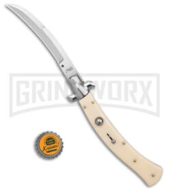 AKC Curved Stiletto Ivory Automatic Knife - Satin Plain -Best Knife Shop AKC Curved Stiletto Ivory Auto Satin GX 41026 jr bottlecap large