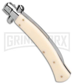 AKC Curved Stiletto Ivory Automatic Knife - Satin Plain -Best Knife Shop AKC Curved Stiletto Ivory Auto Satin GX 41026 jr side large