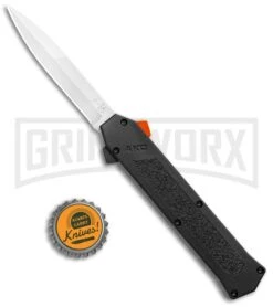 AKC F-16 Black D/A OTF Automatic Knife + Orange Button - Bayo Satin Plain -Best Knife Shop AKC F 16 DA Bayo OTF Auto Black Orange Button Satin BHQ 102935 jr bottlecap large