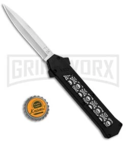 AKC F-16 Skulls D/A OTF Automatic Knife - Bayo Satin Plain -Best Knife Shop AKC F 16 DA Bayo OTF Auto Skulls Satin BHQ 84593 jr bottlecap large