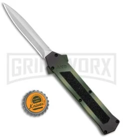 AKC F-16 Green Camo D/A OTF Automatic Knife - Dagger Satin Plain -Best Knife Shop AKC F 16 DA Dagger Camo OTF Auto Green Satin BHQ 125374 jr bottlecap large