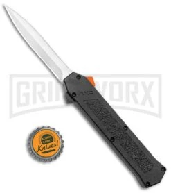 AKC F-16 Black D/A OTF Automatic Knife + Orange Button - Dagger Satin Plain -Best Knife Shop AKC F 16 DA Dagger OTF Auto Black Orange Button Satin BHQ 98892 jr bottlecap large
