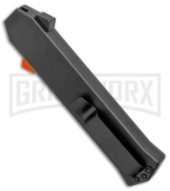 AKC F-16 Black D/A OTF Automatic Knife + Orange Button - Dagger Satin Plain -Best Knife Shop AKC F 16 DA Dagger OTF Auto Black Orange Button Satin BHQ 98892 jr side large