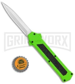 AKC F-16 Neon Green D/A OTF Automatic Knife - Dagger Satin Plain -Best Knife Shop AKC F 16 DA Dagger OTF Auto Neon Green Satin BHQ 113380 jr bottlecap large