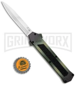AKC F-16 OD Green Camo D/A OTF Automatic Knife - Bayo Satin Plain -Best Knife Shop AKC F 16 DA Dagger OTF Auto OD Green Camo Satin BHQ 125319 jr bottlecap large