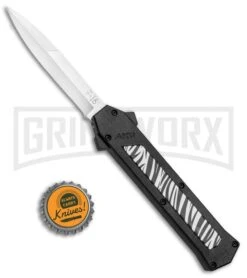 AKC F-16 Zebra D/A OTF Automatic Knife - Bayo Satin Plain -Best Knife Shop AKC F 16 Zebra DA OTF Auto Bayo Satin Plain BP 25401 jr bottlecap large