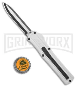 AKC F-20 White Aluminum D/A Drop Point OTF Automatic Knife - Two Tone Plain -Best Knife Shop AKC F 20 DA DP OTF Auto White Aluminum TT BHQ 179282 jr bottlecap large