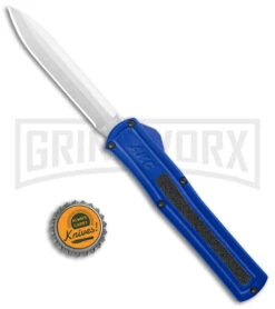 AKC F-20 Blue D/A OTF Automatic Knife - Spear Point Satin Plain -Best Knife Shop AKC F 20 DA Dagger OTF Auto Blue Satin BHQ 140833 jr bottlecap large
