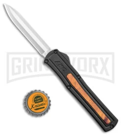 AKC F-20 Black W/ Wood Inlay D/A OTF Automatic Knife - Satin Plain -Best Knife Shop AKC F 20 DA SP OTF Auto Black Wood Inlay Satin BHQ 152445 jr bottlecap large