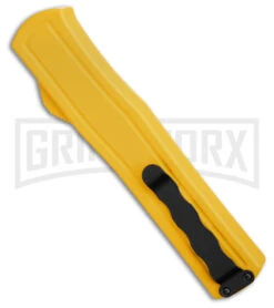 AKC F-20 D/A Dagger Yellow Aluminum OTF Automatic Knife - Satin Plain -Best Knife Shop AKC F20 DA OTF AK Dagger yellow Alum 3in Satin BHQ 178761 td side large