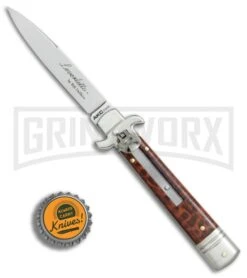 AKC 7.5" Leverletto Snakewood Automatic Knife - Flat Grind -Best Knife Shop AKC Leverletto snakewood flat grind BP 0439 er bottlecap large