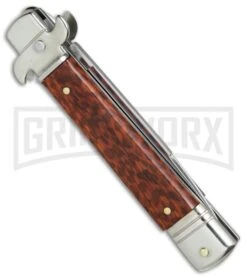 AKC 7.5" Leverletto Snakewood Automatic Knife - Flat Grind -Best Knife Shop AKC Leverletto snakewood flat grind BP 0439 er side large
