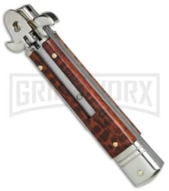AKC 7.5" Leverletto Snakewood Automatic Knife - Flat Grind -Best Knife Shop AKC Leverletto snakewood flat grind BP 0439 er spine large