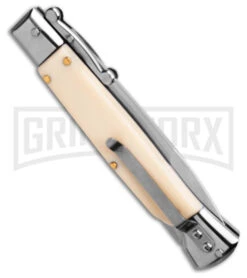 AKC 9" Italian Stiletto Swinguard Sim Ivory Automatic Knife - Polish Plain -Best Knife Shop AKC Swinguard 9in Automatic Italian Stiletto Sim Ivory 4in Polish Bayonet BHQ 180886 hd side large