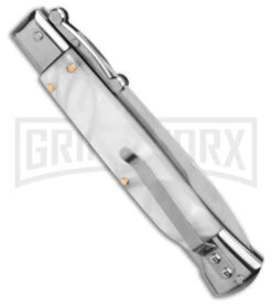 AKC 9" Italian Stiletto Swinguard White Pearlex Automatic Knife - Polish Plain -Best Knife Shop AKC Swinguard 9in Automatic Italian Stiletto White Pearlex 4in Polish Bayonet BHQ 180891 hd side large