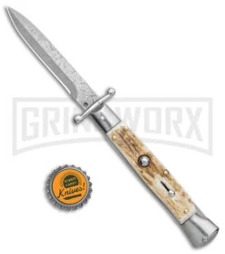 Automatic Italian Style Swinguard 9" Stag - Damascus Bayonet Blade -Best Knife Shop AKC Swinguard 9in Stag Bayo Damascus GX 3647 jr bottlecap large