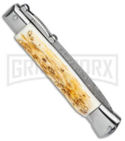 Automatic Italian Style Swinguard 9" Stag - Damascus Bayonet Blade -Best Knife Shop AKC Swinguard 9in Stag Bayo Damascus GX 3647 jr side large