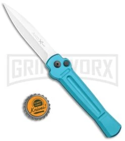 AKC X-treme ACE Light Blue Automatic Knife - Satin Plain -Best Knife Shop AKC X treme Ace Auto Light Blue Satin BHQ 105418 jr bottlecap large
