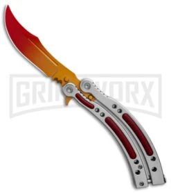 Andux CS Balisong Silver Butterfly Knife W/ Red Inlays - Bowie Gold/Red Plain