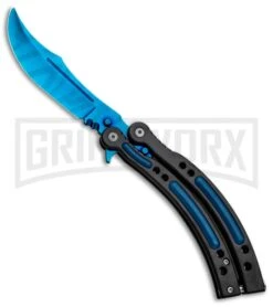 Andux CS Black Balisong Butterfly Knife W/ Blue Inlays - Bowie Blue Plain