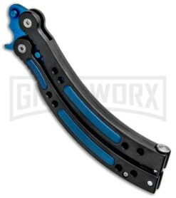 Andux CS Black Balisong Butterfly Knife W/ Blue Inlays - Bowie Blue Plain -Best Knife Shop Andux CS Black Balisong Butterfly Blue Inlays Bowie Blue Plain PBF4T BF310477 4 GX 33138 jr side large