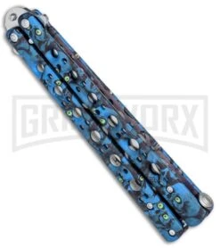 Andux Skull Fly Blue Butterfly Trainer - Satin -Best Knife Shop Andux Skull Fly Blue Butterfly Trainer Satin A0002534 BP 24587 jr side large