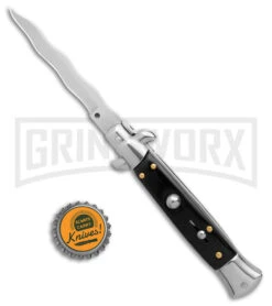 9" Anomaly Stiletto Black Pearlex Automatic Knife - Satin Kriss -Best Knife Shop Anomally 9in Stiletto Black Pearlex Black Auto Satin Kriss BHQ 163543 jr bottlecap large