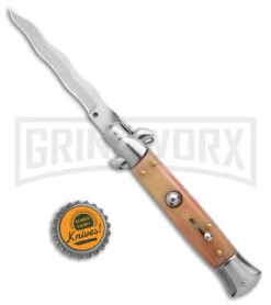 9" Anomaly Stiletto Red Marble Pearlex Automatic Knife - Satin Kriss -Best Knife Shop Anomally 9in Stiletto Red Pearlex Bone Auto Satin Kriss BHQ 162125 jr bottlecap large