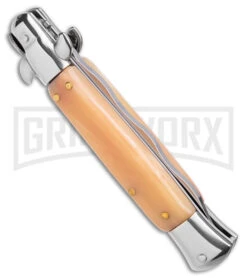 9" Anomaly Stiletto Red Marble Pearlex Automatic Knife - Satin Kriss -Best Knife Shop Anomally 9in Stiletto Red Pearlex Bone Auto Satin Kriss BHQ 162125 jr side large