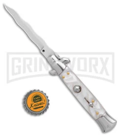 9" Anomaly Stiletto White Pearlex Automatic Knife - Kriss Satin Plain -Best Knife Shop Anomally 9in Stiletto White Pearlex Auto Satin Kriss BHQ 163544 jr bottlecap large